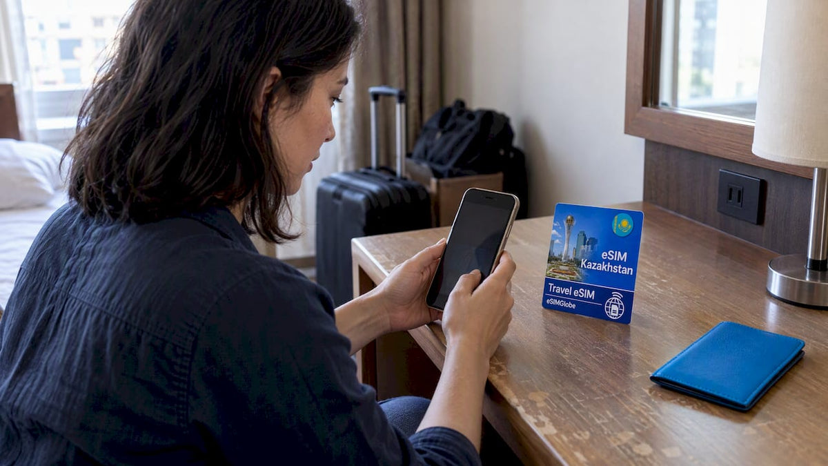 Traveler preparing Kazakhstan eSIM before departure