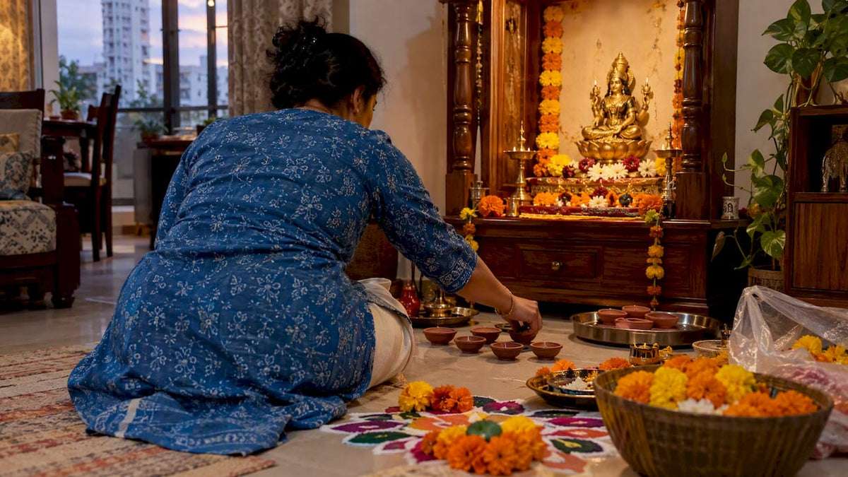 Family preparing Lakshmi Puja for Diwali
