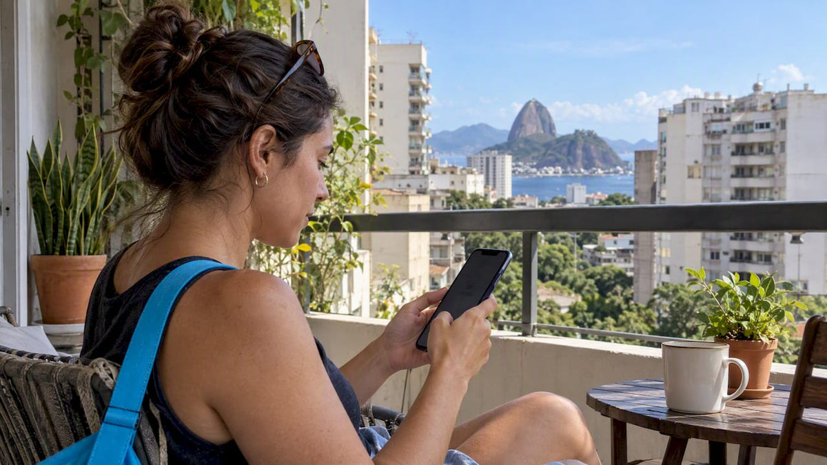 Traveler reviewing a Rio eSIM plan
