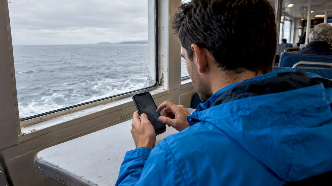 Traveler adjusting mobile network settings aboard a ferry