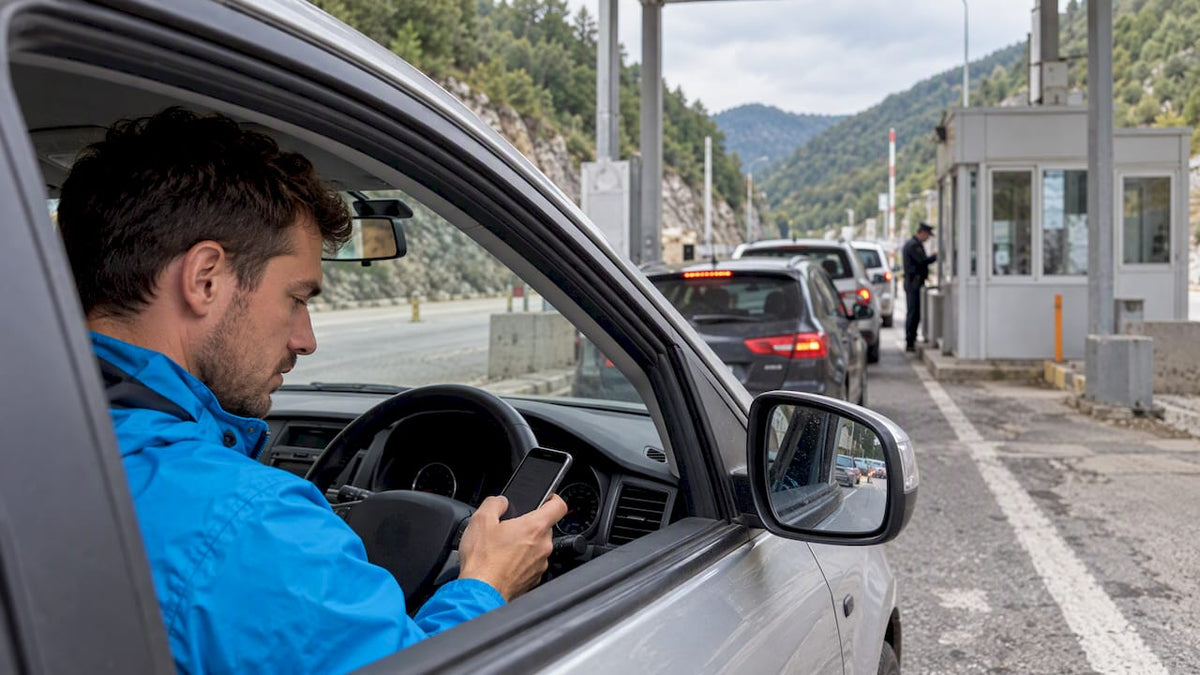 Traveler checks navigation at Balkan border crossing