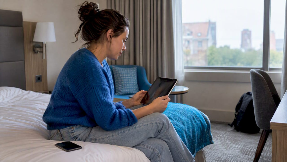 Traveler streaming on a tablet in a hotel room