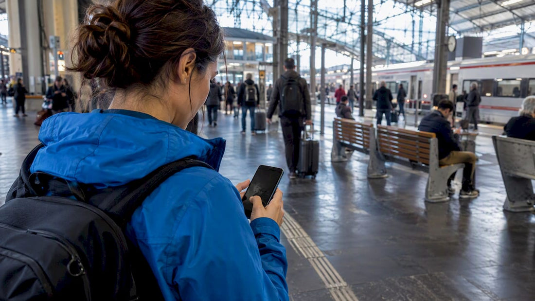 Traveler choosing an eSIM plan at station