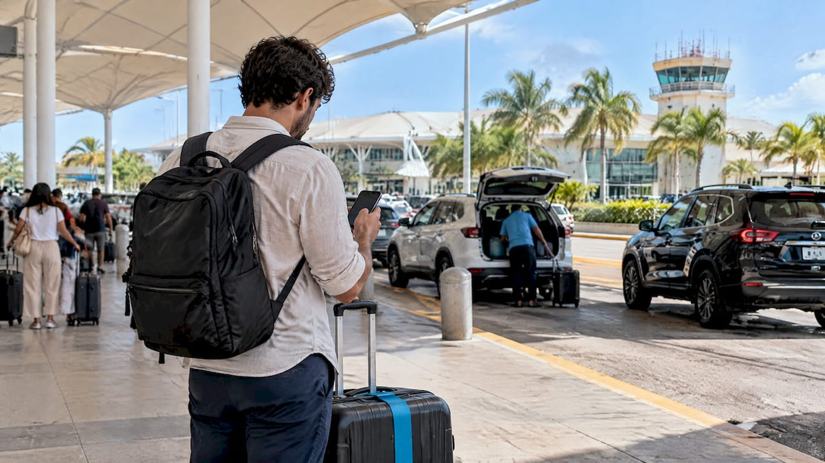 Traveler using Aruba eSIM after landing at airport
