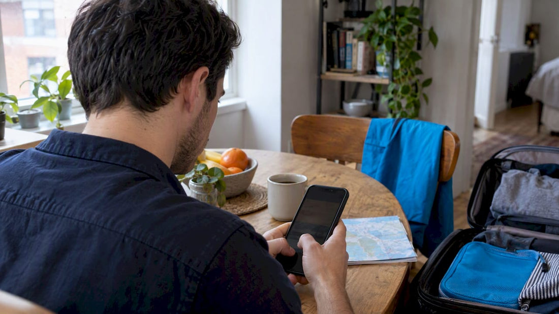 Traveler comparing mobile plans before departure