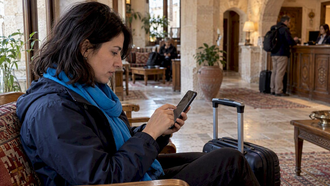 Traveler checking an eSIM provider site in Turkey