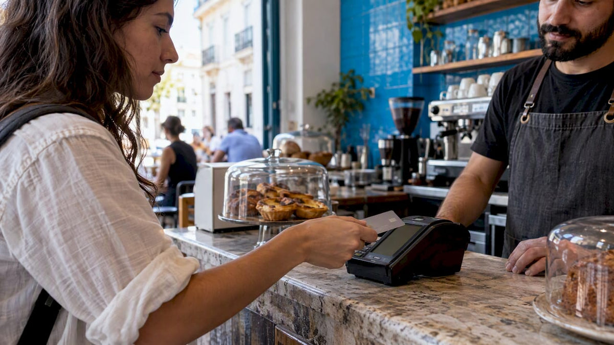 Traveler paying by debit card abroad