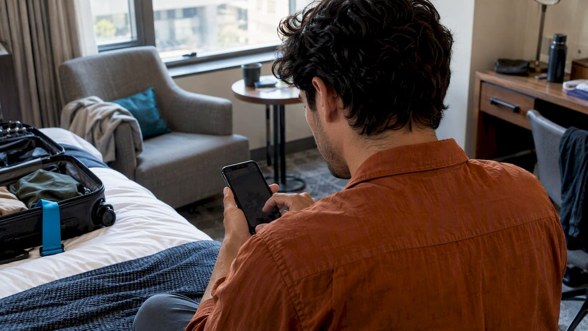 Traveler choosing an eSIM in a hotel room