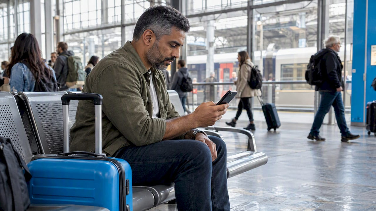 Traveler comparing prepaid eSIM options at station