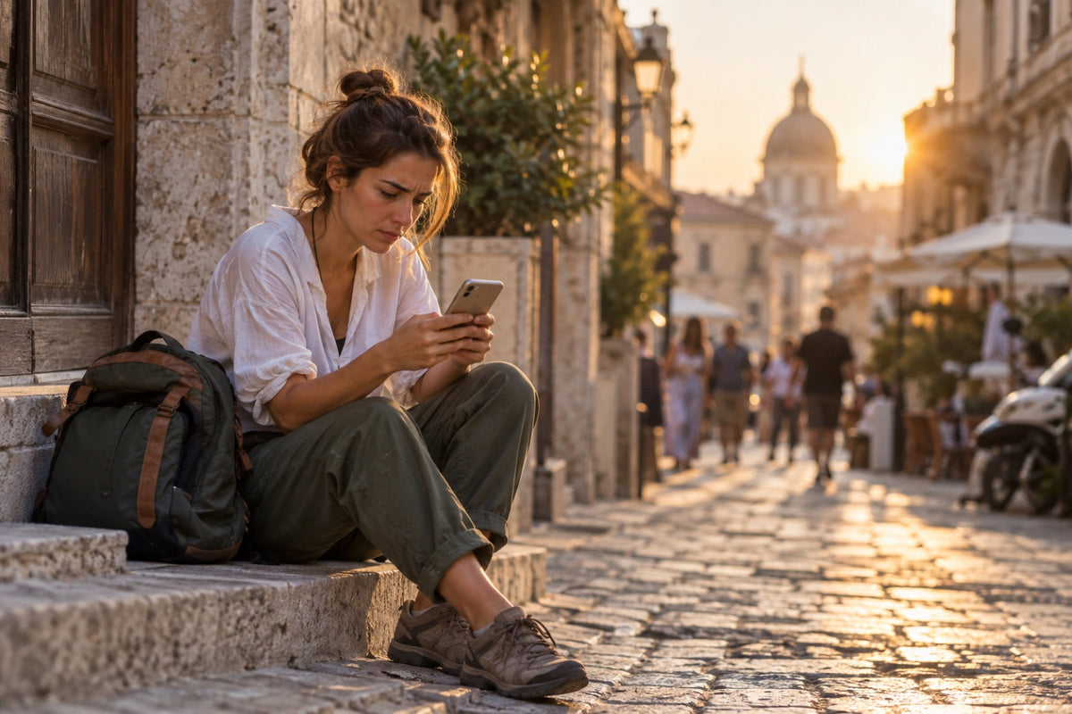 Traveler checking mobile data usage on a smartphone during a trip