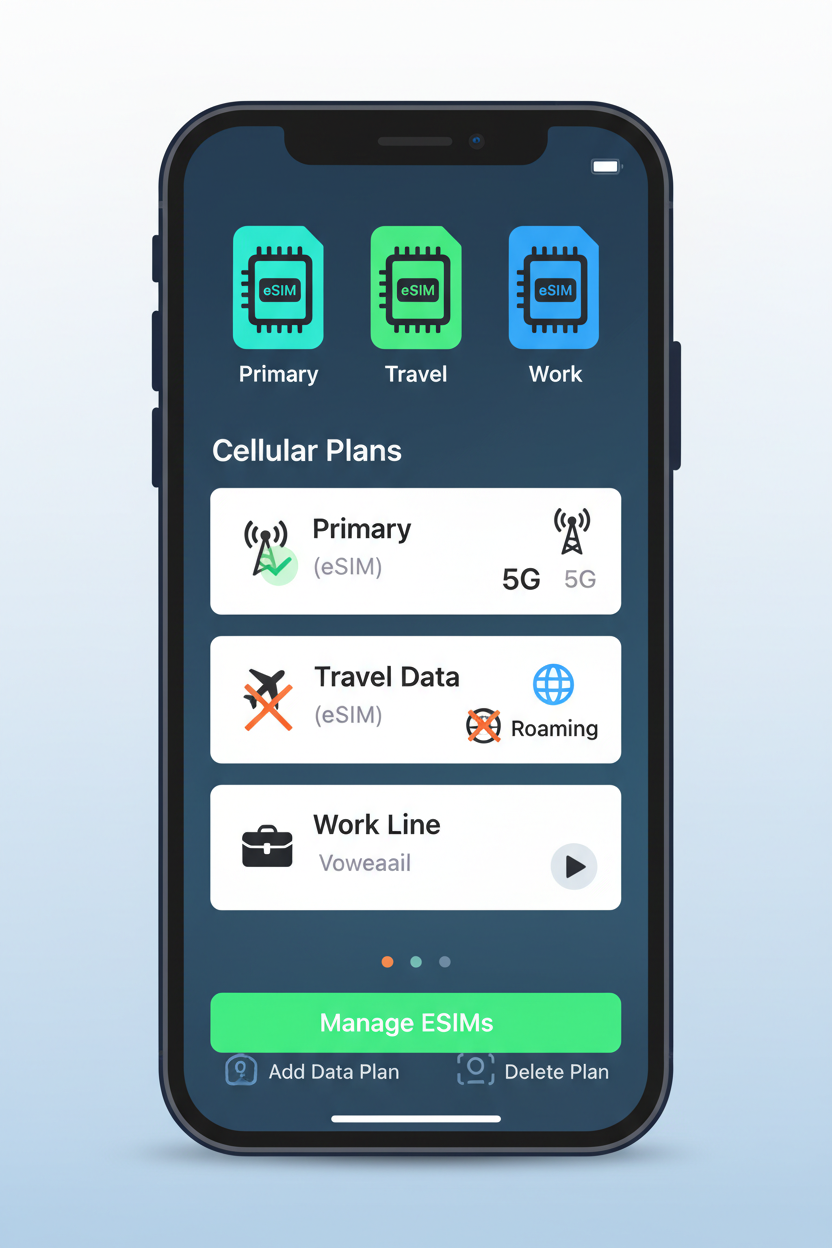iPhone screen with ESIM items inside the screen. Only front screen available and must look not a real photo  
